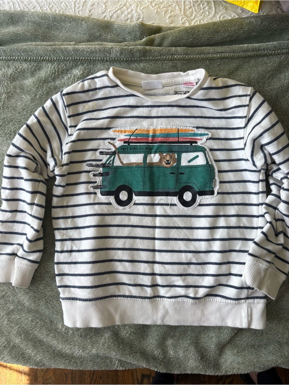 Zara White & Navy Striped Sweatshirt with Green Surf Van Patch